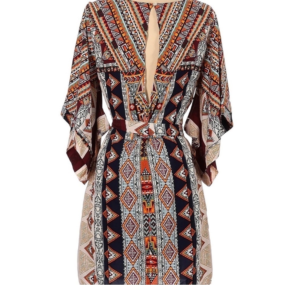 Boho Tribal Print Mini Dress Festival Kimono Sleeve Tie Waist Small - Picture 6 of 11